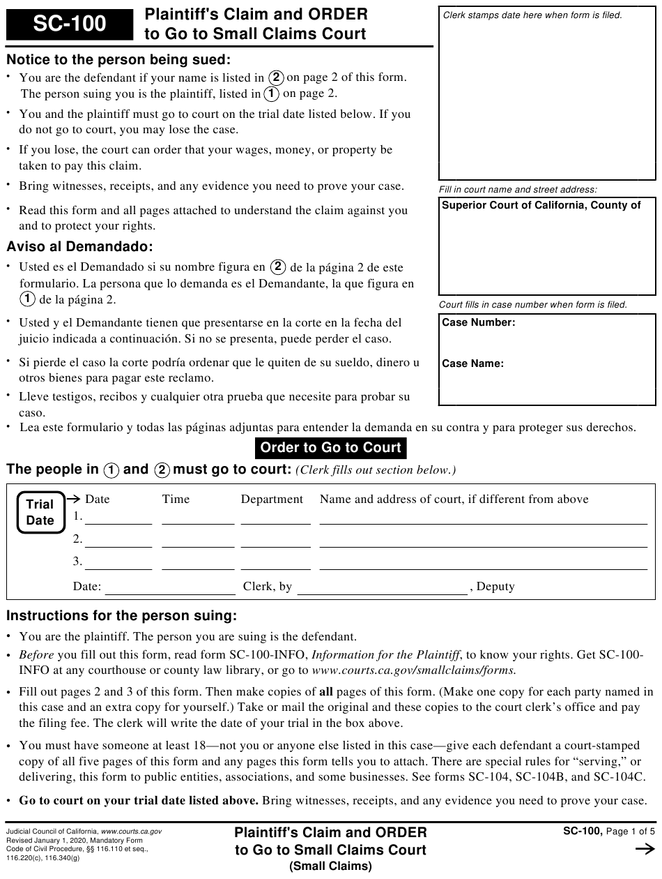 Form SC 100 Download Fillable PDF Or Fill Online Plaintiff s Claim And 