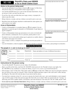 Form SC 100 Download Fillable PDF Or Fill Online Plaintiff s Claim And