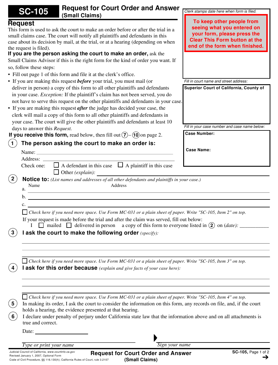 Form SC 105 Download Fillable PDF Or Fill Online Request For Court 