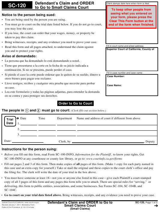 Form SC 120 Download Fillable PDF Defendants Claim And Order To Go To 