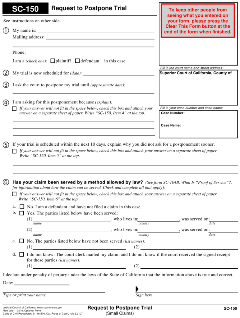 Form SC 150 Download Fillable PDF Or Fill Online Request To Postpone 