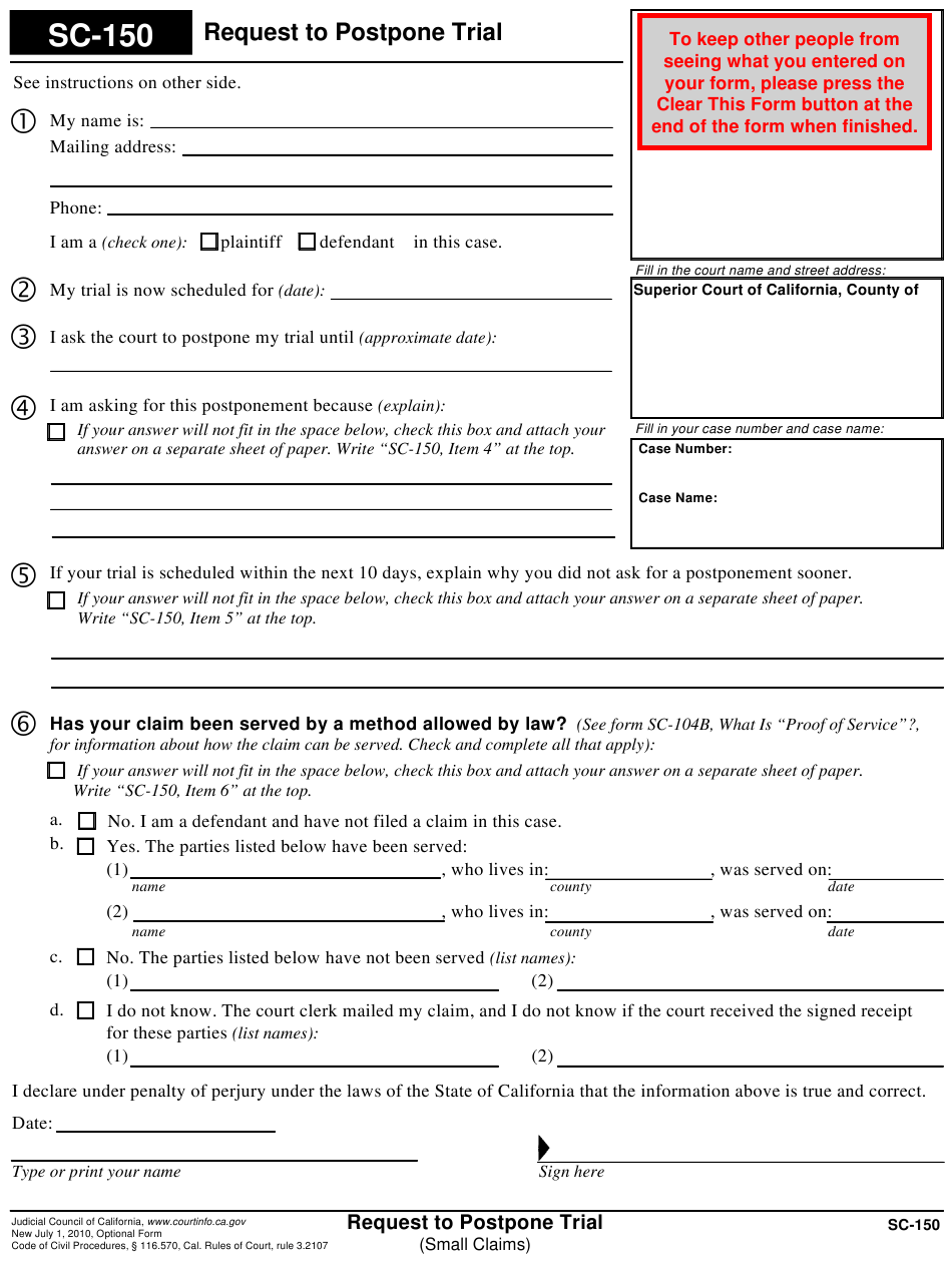 Form SC 150 Download Fillable PDF Or Fill Online Request To Postpone 