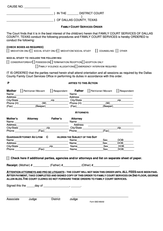 Form Sso M3 02 Family Court Services Order Form Dallas County 