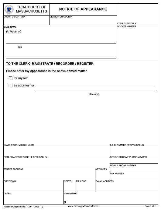 Form TC001 Download Fillable PDF Or Fill Online Notice Of Appearance 