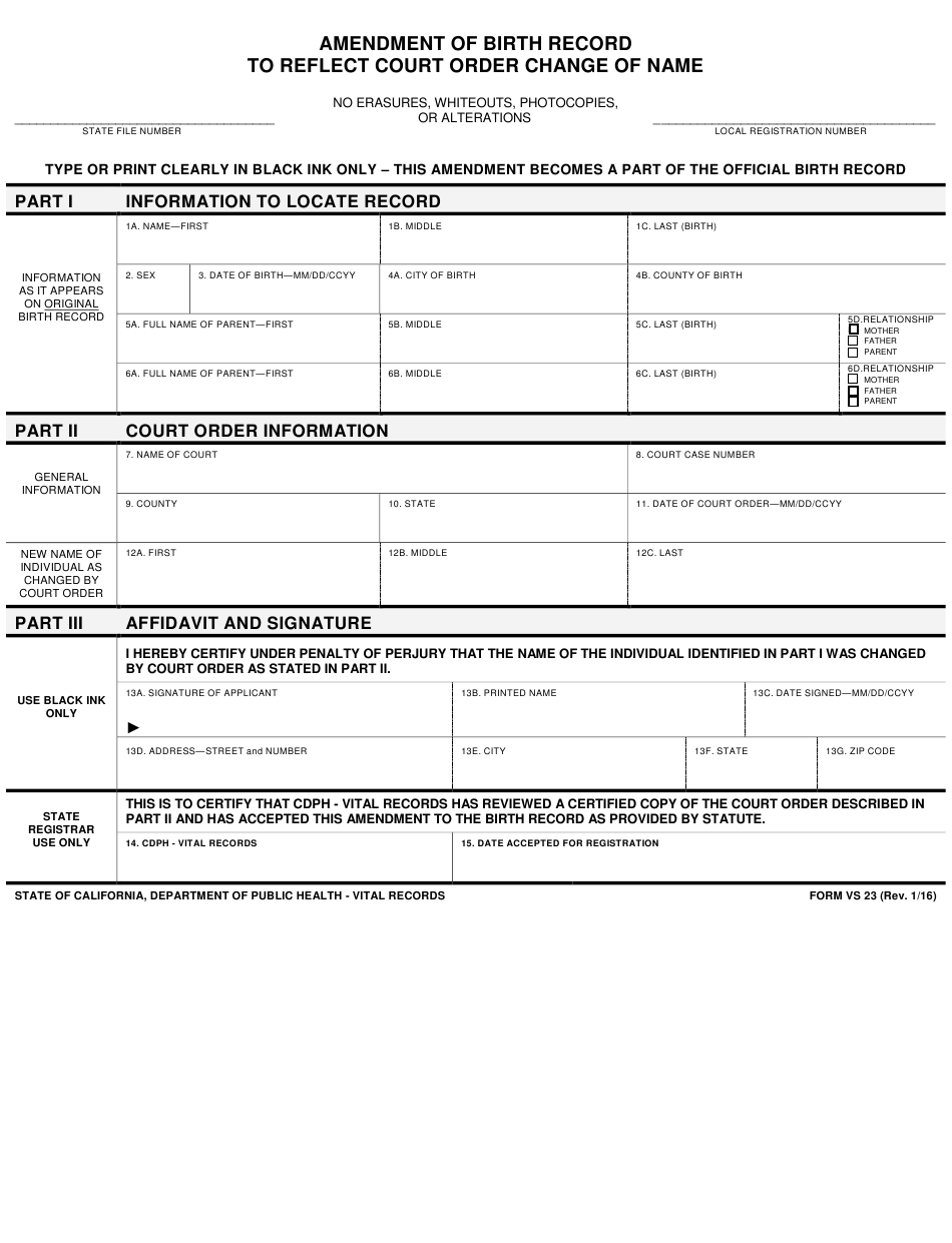 Form VS23 Download Fillable PDF Or Fill Online Amendment Of Birth 