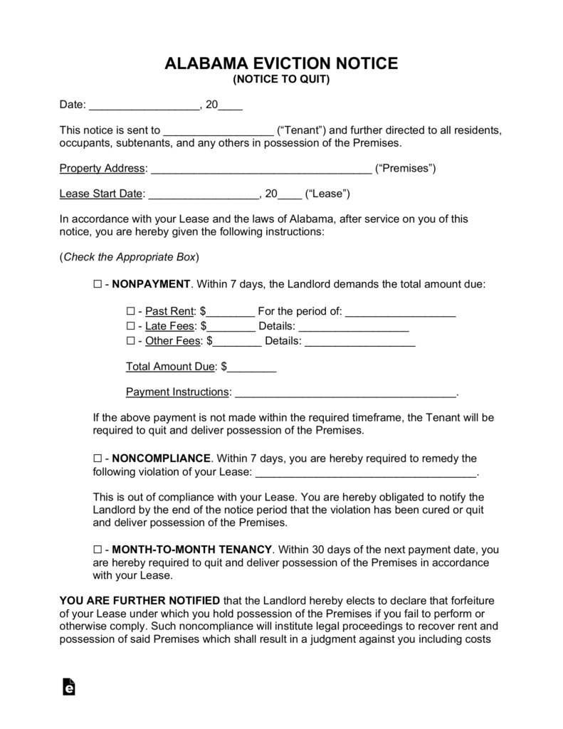 Free Alabama Eviction Notice Forms Notices To Quit PDF Word EForms