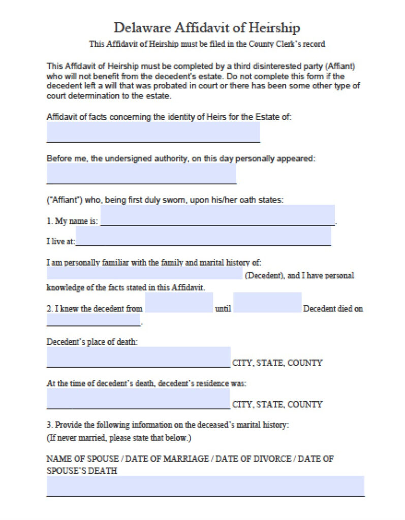 Free Delaware Affidavit Of Heirship Form PDF Word