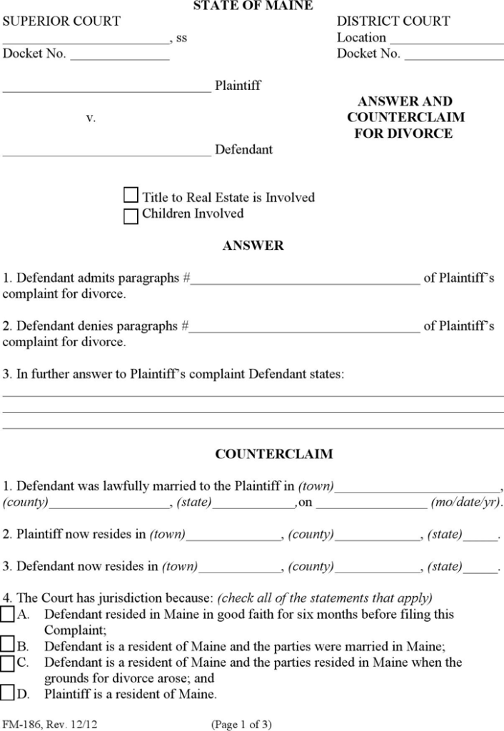 Free Maine Answer And Counterclaim For Divorce Form PDF 161KB 3 