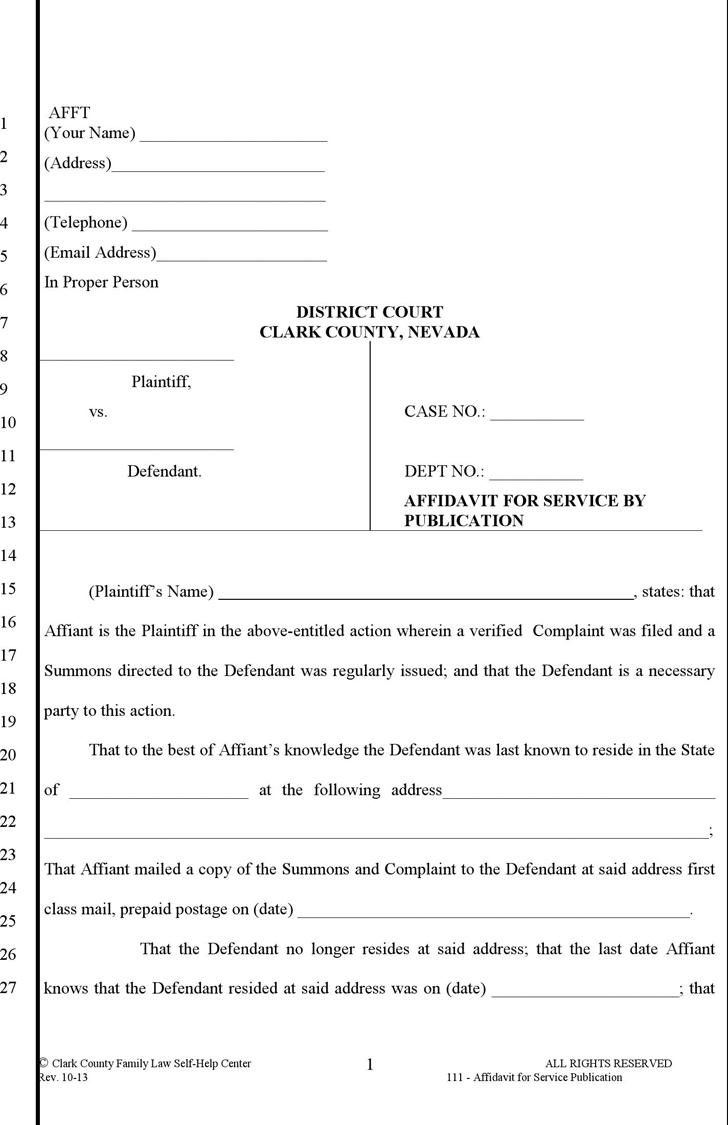 Free Nevada Affidavit For Service By Publication Form PDF 21KB 2 