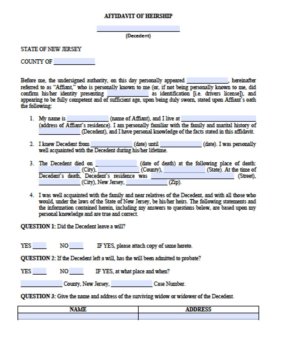 Free New Jersey Small Estate Affidavit L 8 Form PDF Word