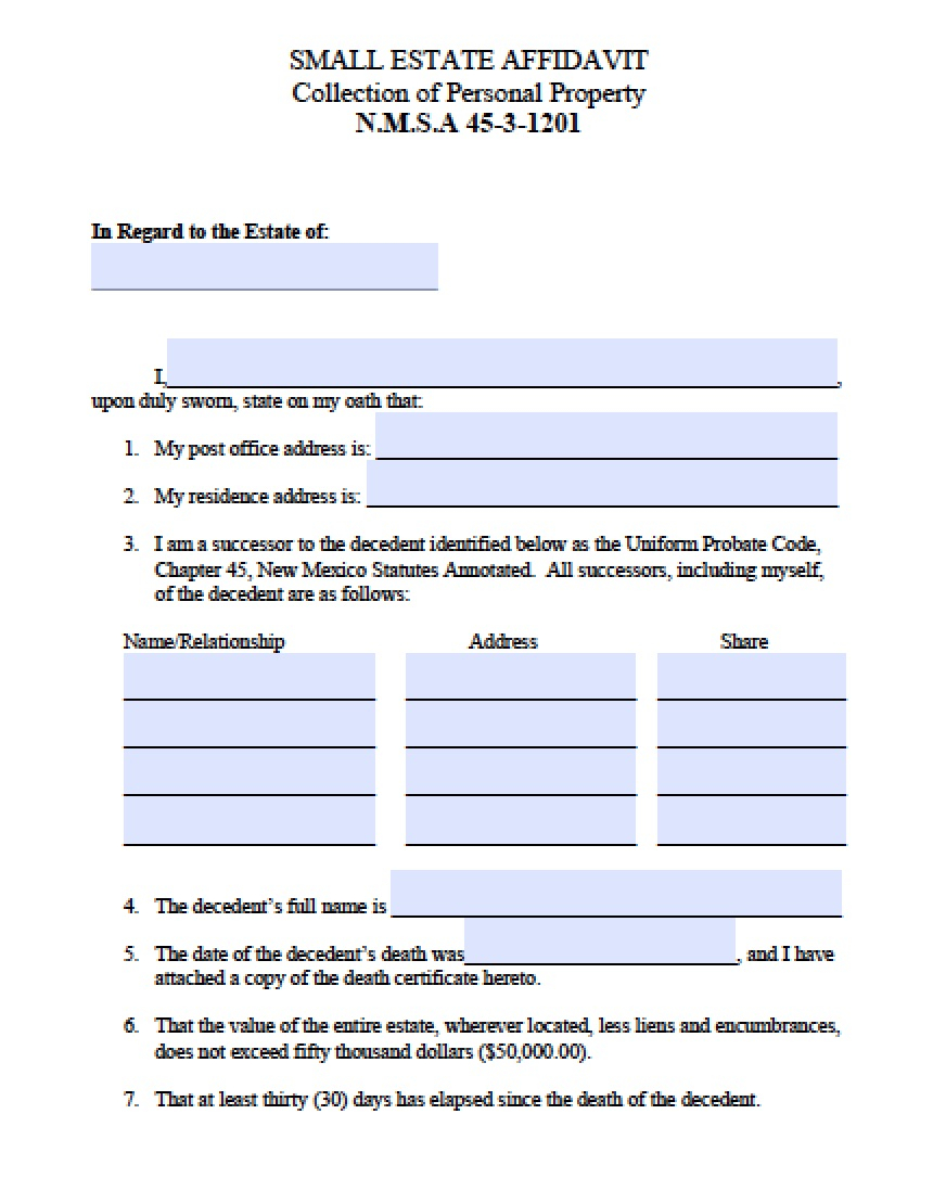 Free New Mexico Small Estate Affidavit Form PDF Word