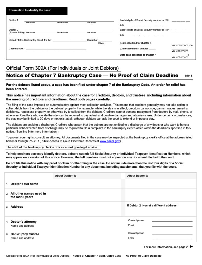 Free Official Form 309A For Individuals Or Joint Debtors Notice Of 