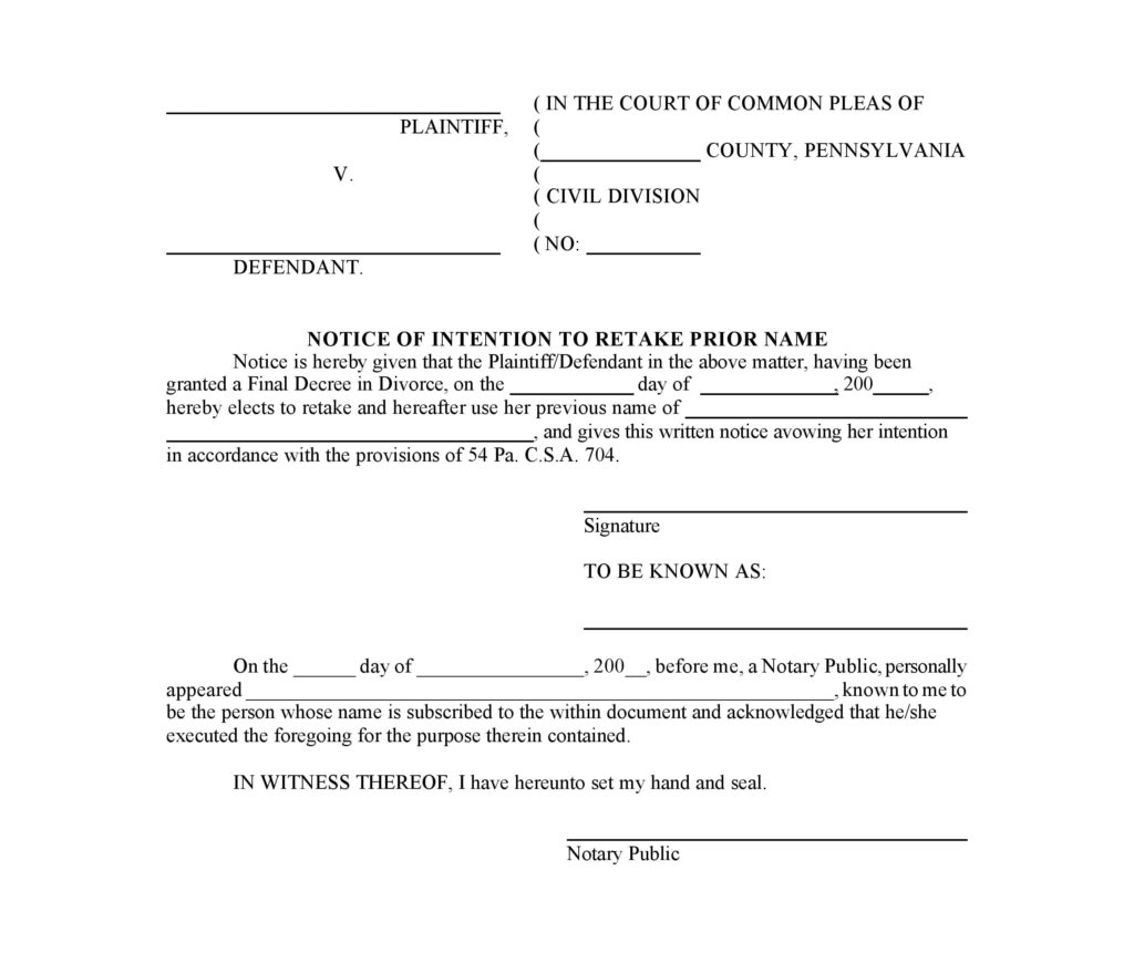 Free Pennsylvania Notice Of Intention To Retake Prior Name PDF