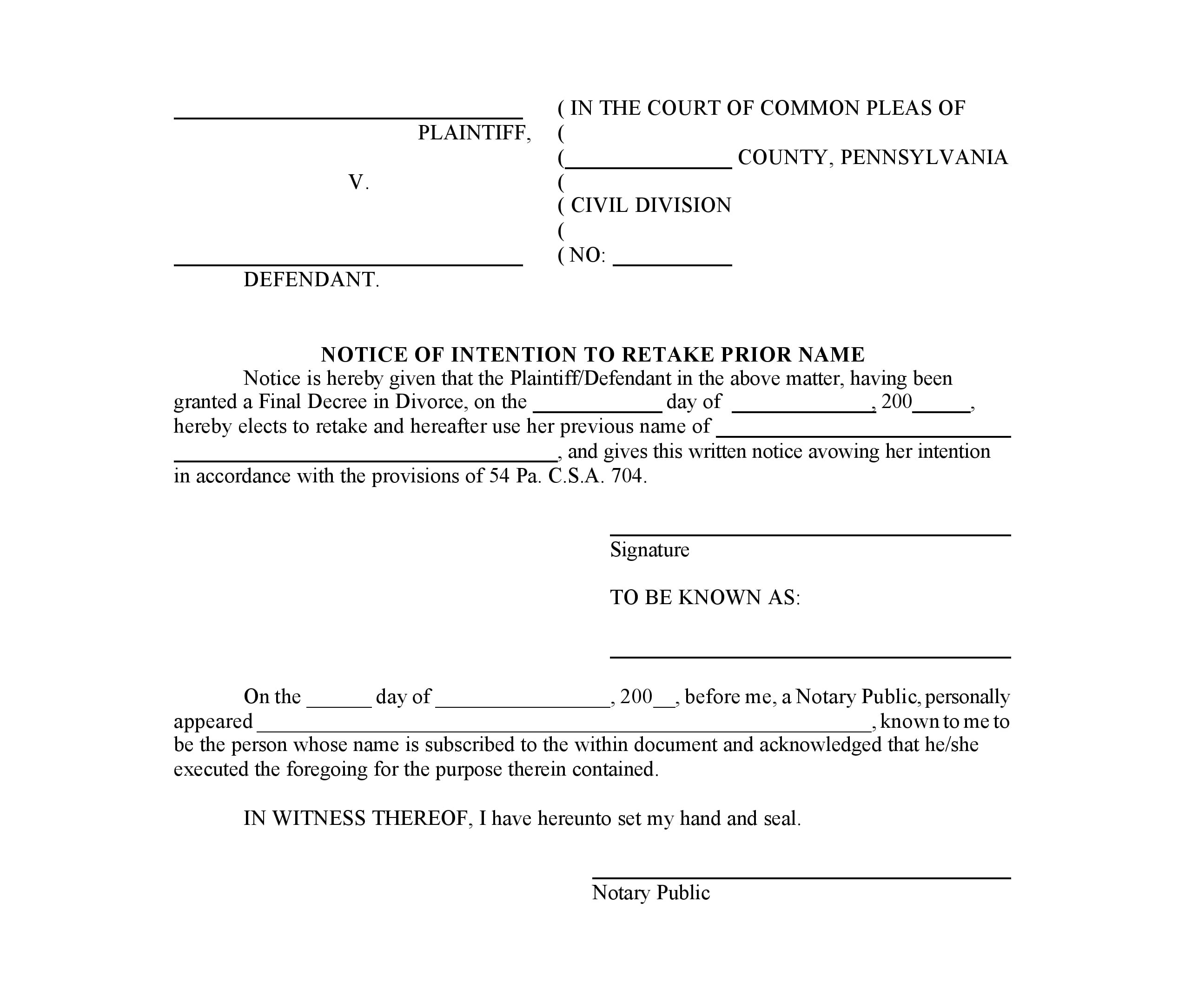 Free Pennsylvania Notice Of Intention To Retake Prior Name PDF 