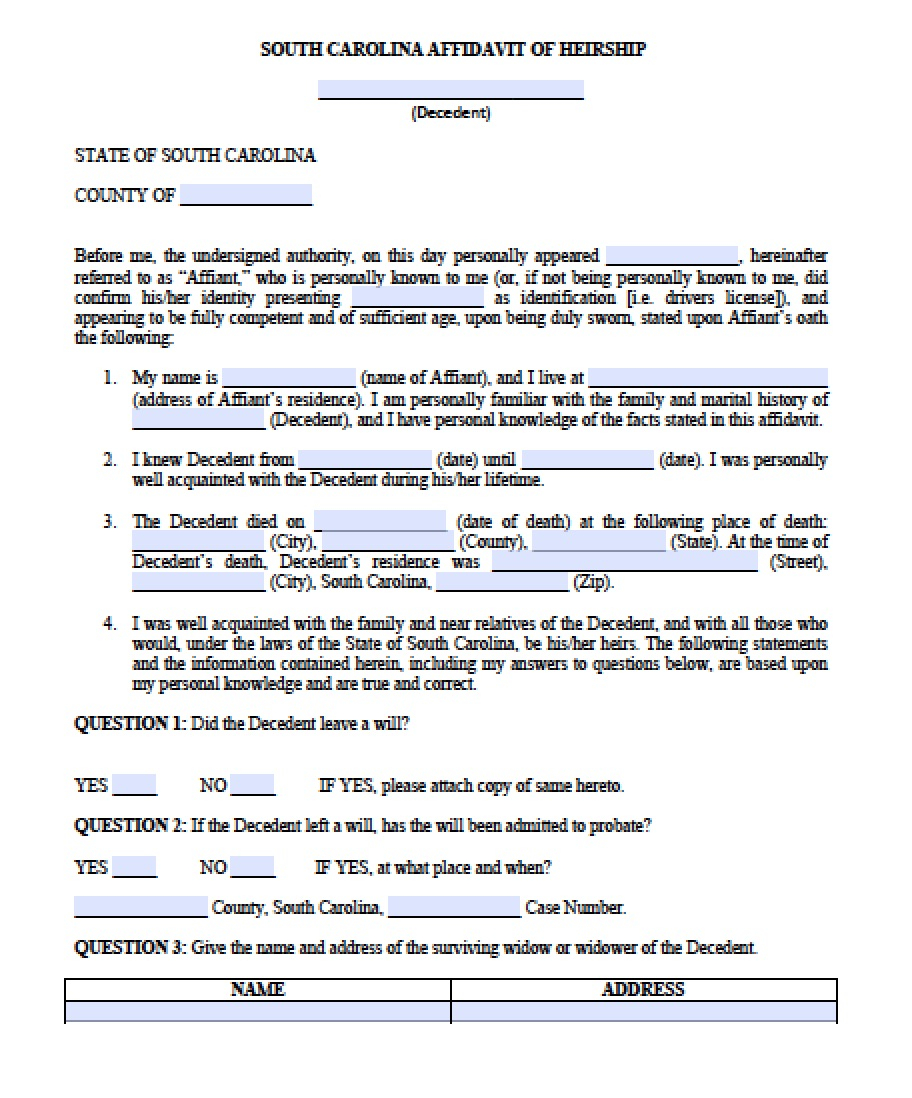 Free South Carolina Affidavit Of Heriship Form PDF Word