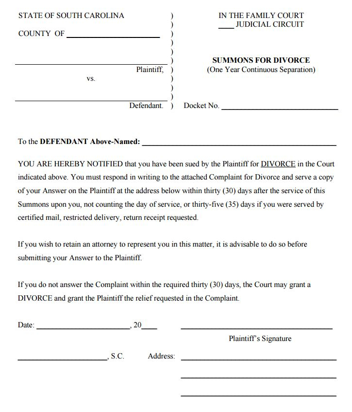 Free South Carolina Summons For Divorce Form PDF Template Form Download