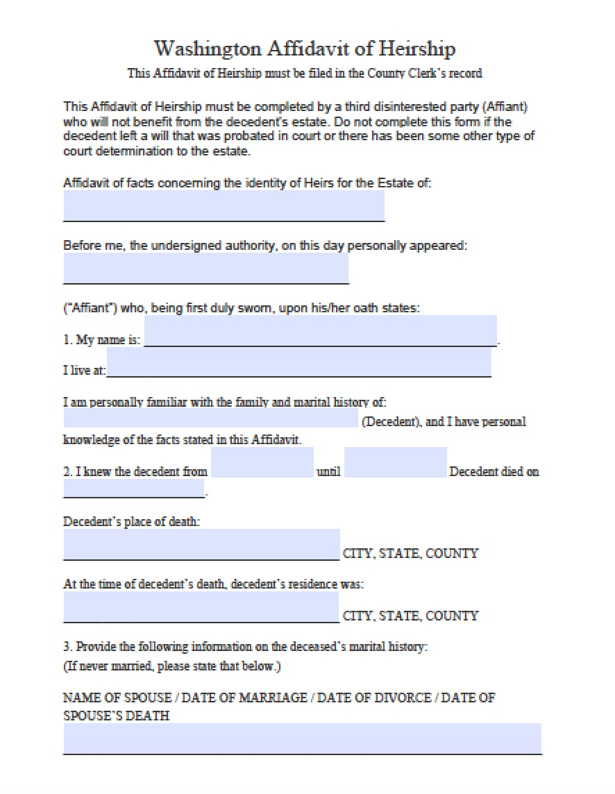 Free Washington Affidavit Of Heirship Form PDF Word