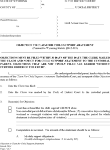 Free Wyoming Objection To Claim For Child Support Abatement Form PDF