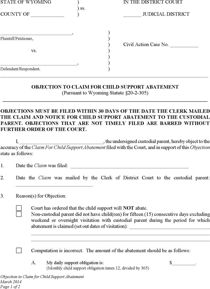 Free Wyoming Objection To Claim For Child Support Abatement Form PDF 