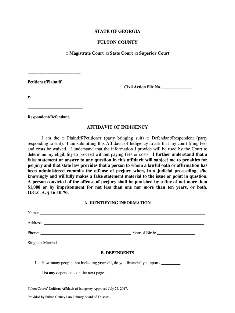 GA Affidavit Of Indigency Fulton County 2017 Fill And Sign 