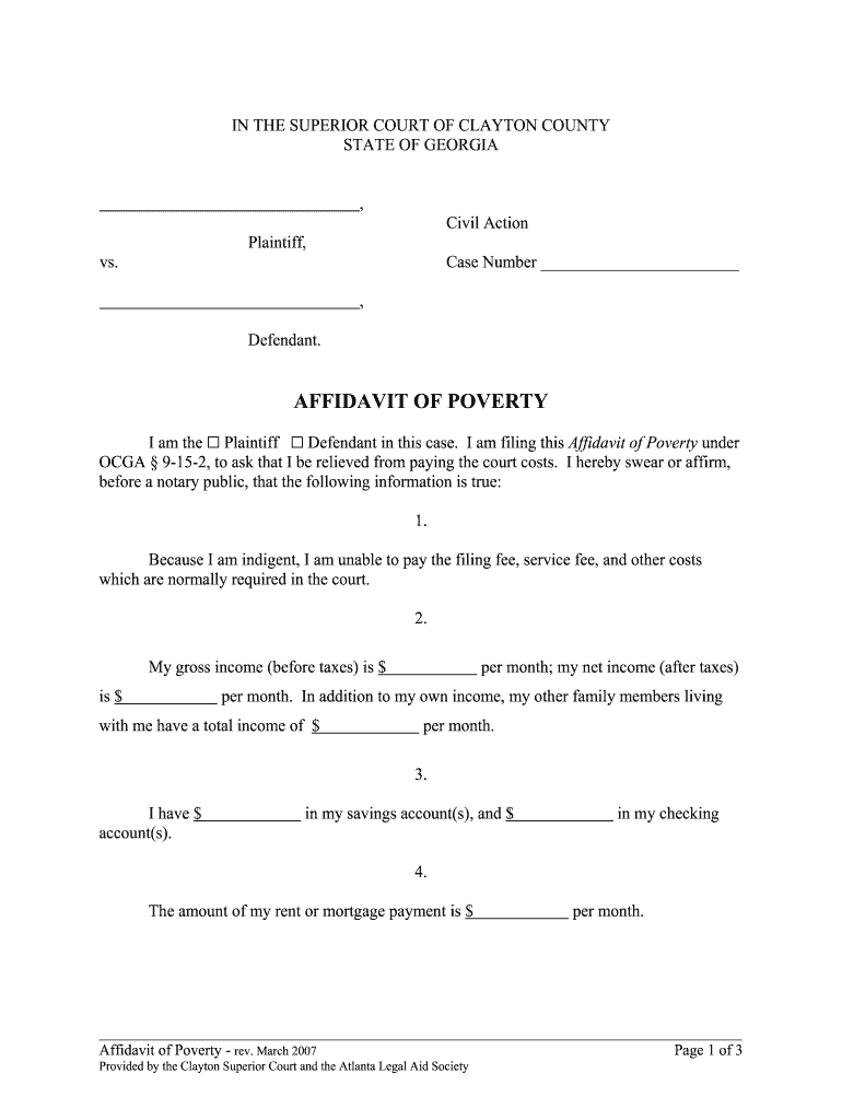 GA Affidavit Of Poverty Clayton County 2007 Fill And Sign Printable