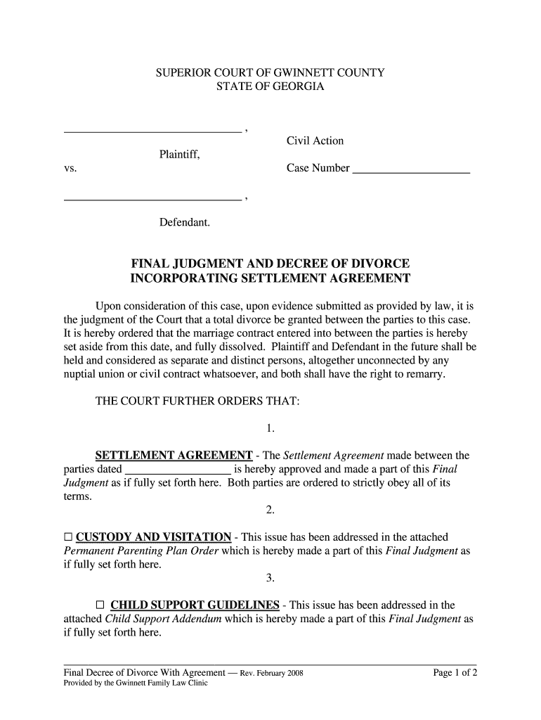 GA Final Decree Of Divorce With Agreement 2008 Complete Legal 