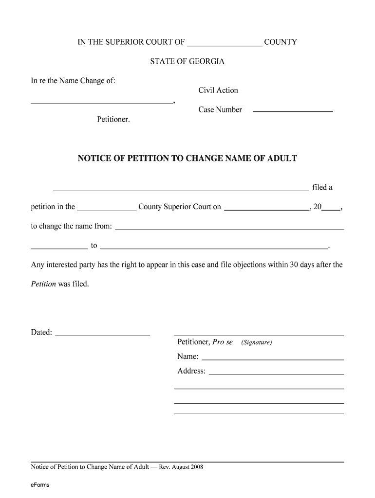 GA Notice Of Petition To Change Name Of Adult 2008 Fill And Sign 