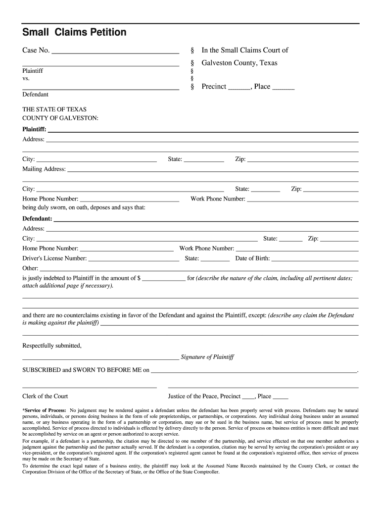 Galveston County Small Claims Form Fill Out And Sign Printable PDF