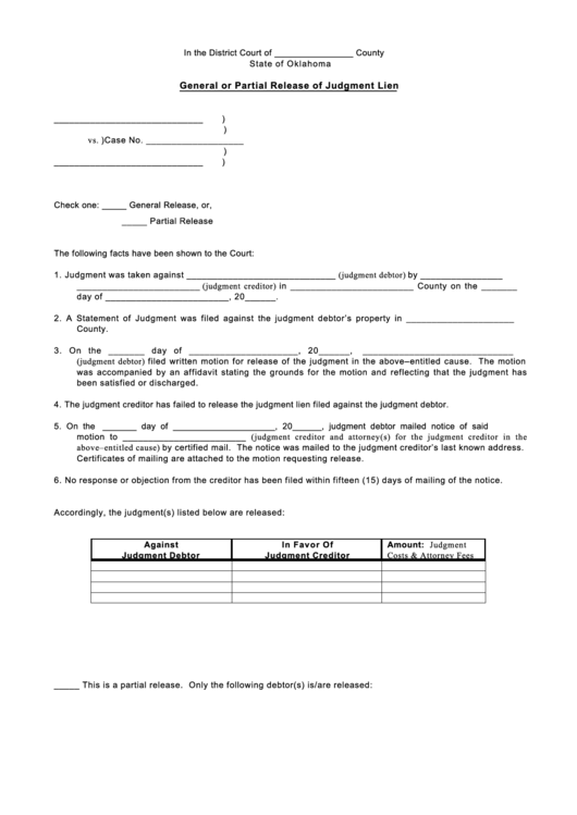 General Or Partial Release Of Judgment Lien Printable Pdf Download