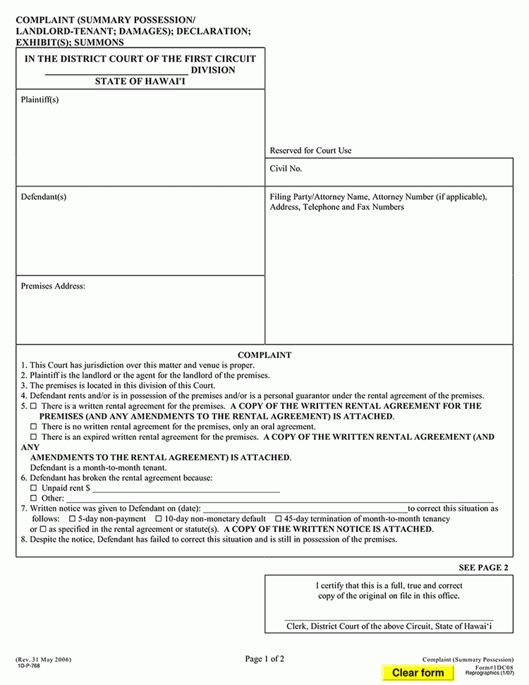 Hawaii Official Landlord Tenant Complaint 1st Circuit Court