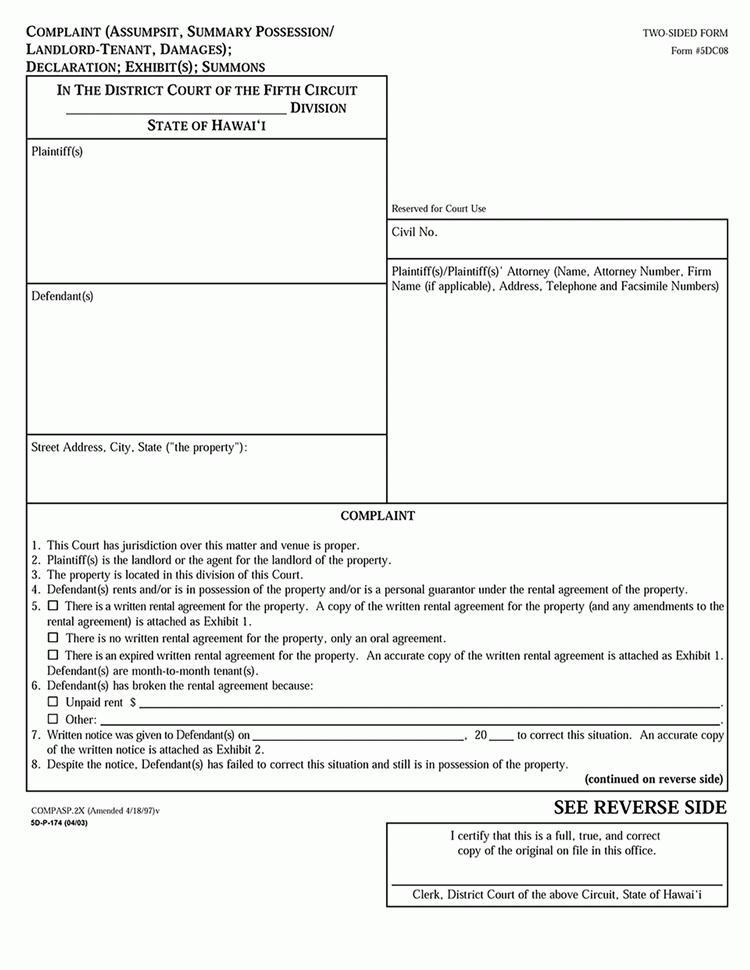 Hawaii Official Landlord Tenant Complaint 5th Circuit Court 