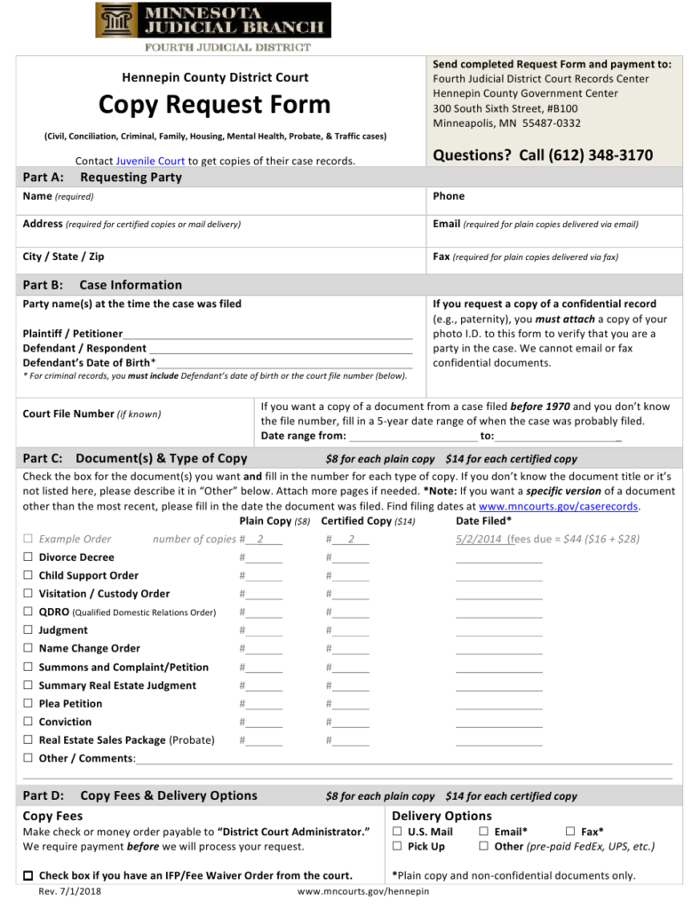 Hennepin County Minnesota Court Document Copy Request Form Download 