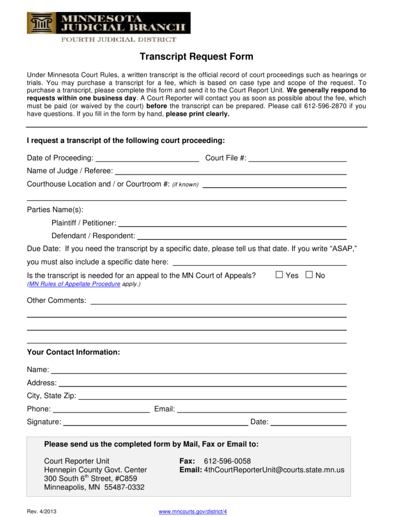 Hennepin County Minnesota Transcript Request Form Download Printable 