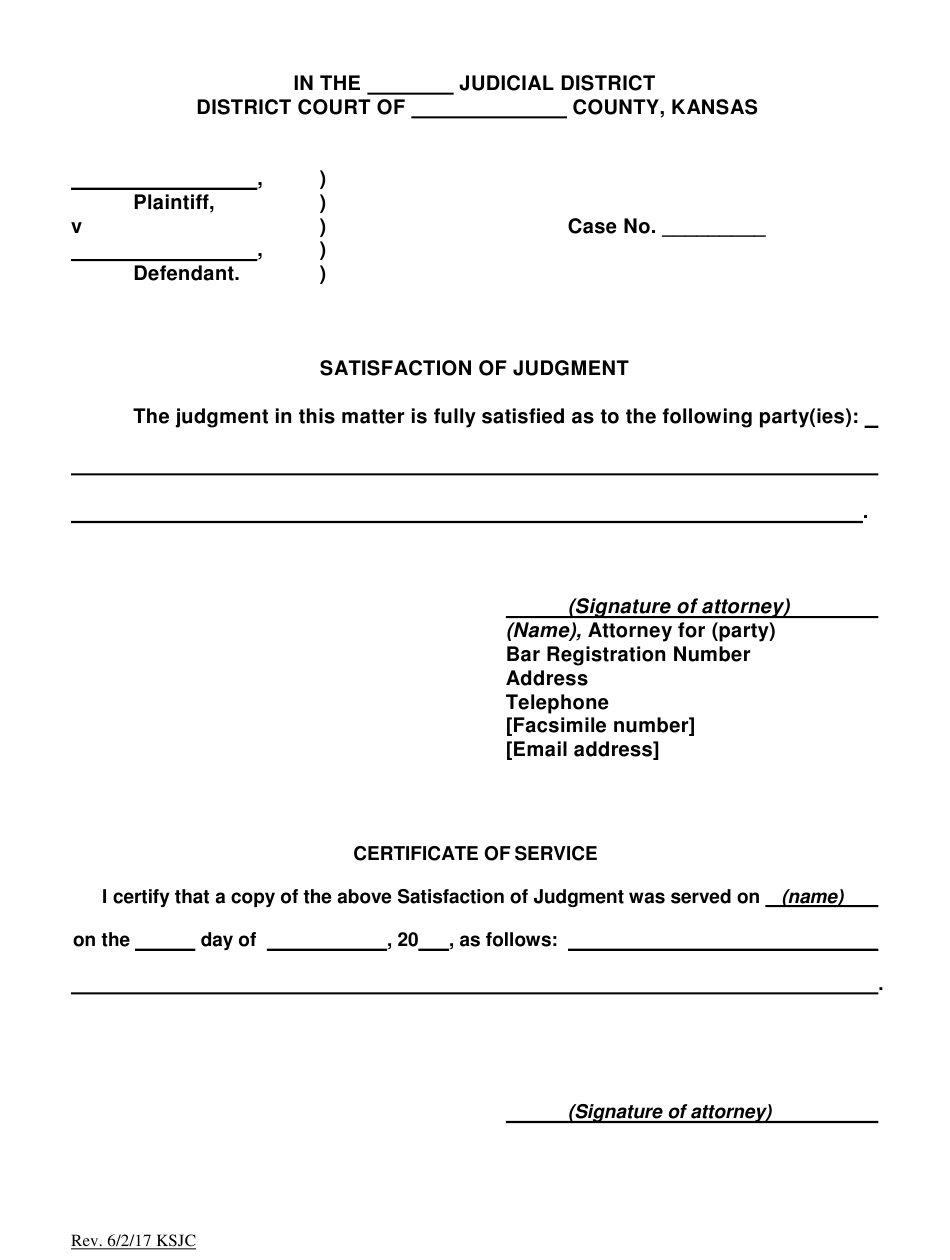 Kansas Satisfaction Of Judgment Download Printable PDF Templateroller