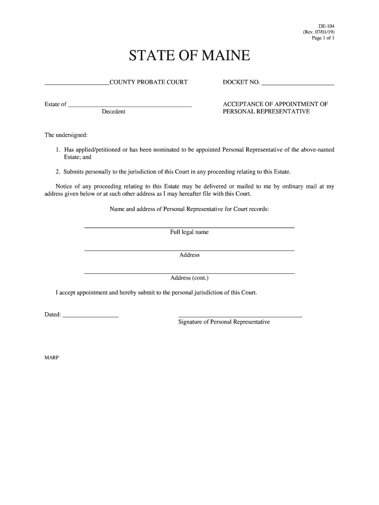 Maine Probate Form De 104 Fill Out And Sign Printable PDF Template 