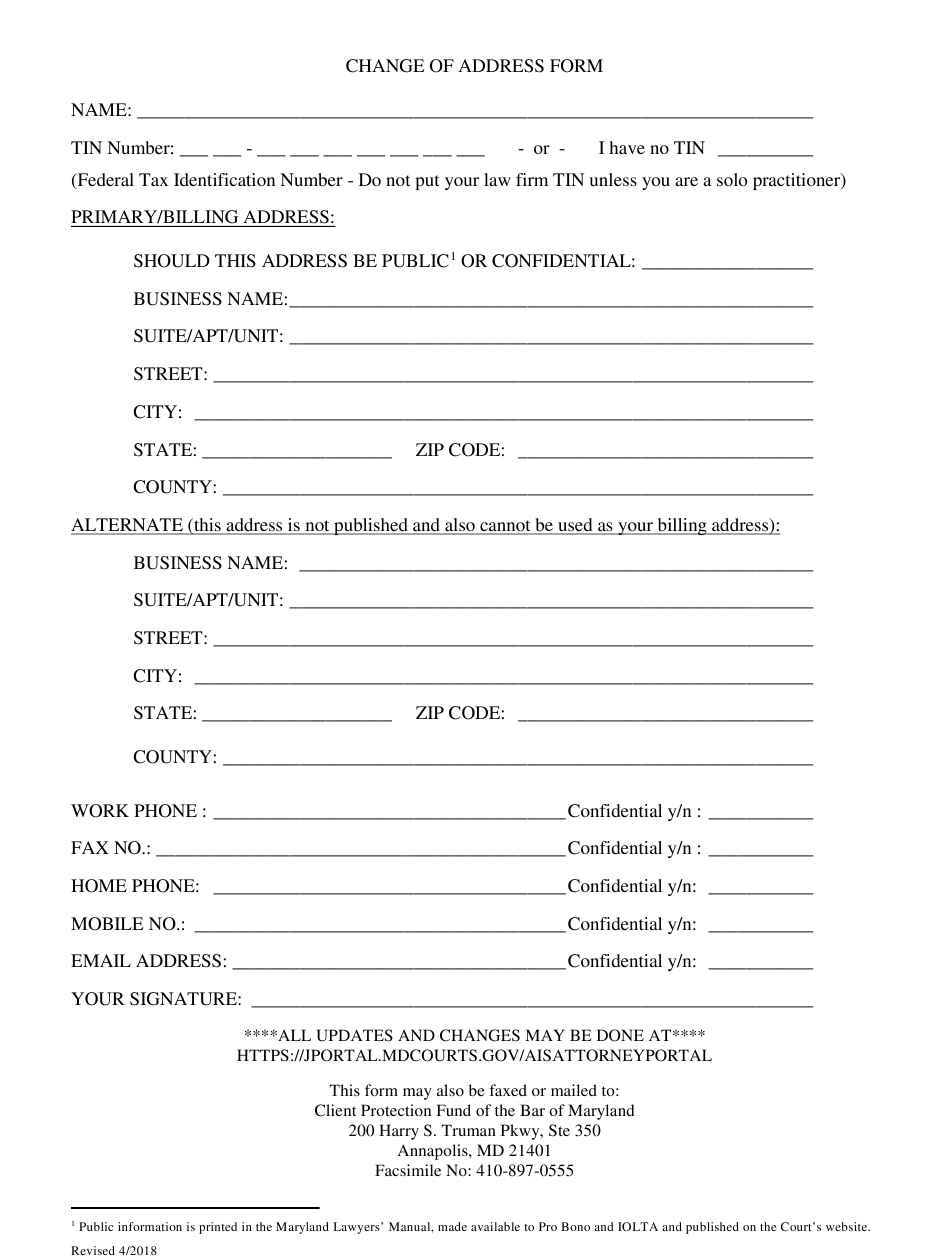 Maryland Change Of Address Form Download Printable PDF Templateroller