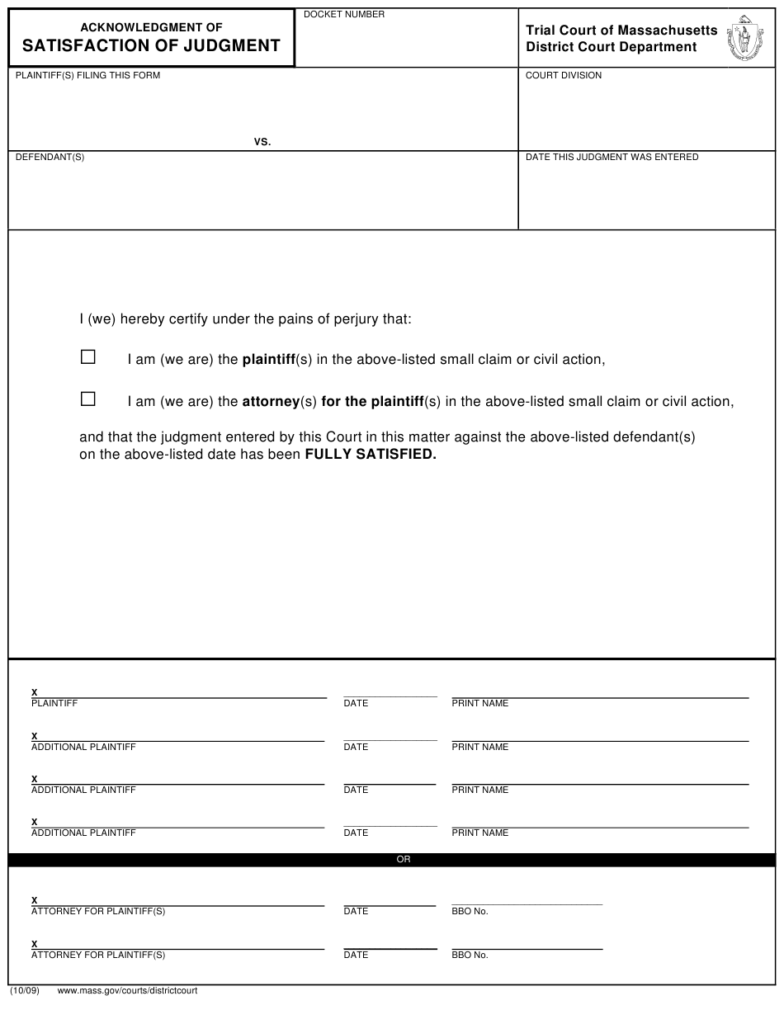 Massachusetts Acknowledgment Of Satisfaction Of Judgment Download