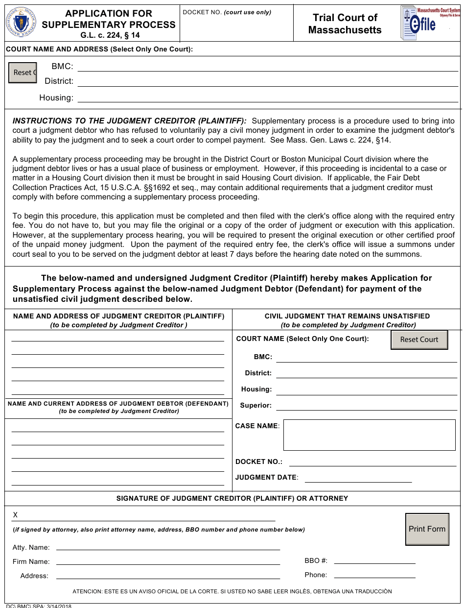 Massachusetts Application For Supplementary Process Download Fillable 