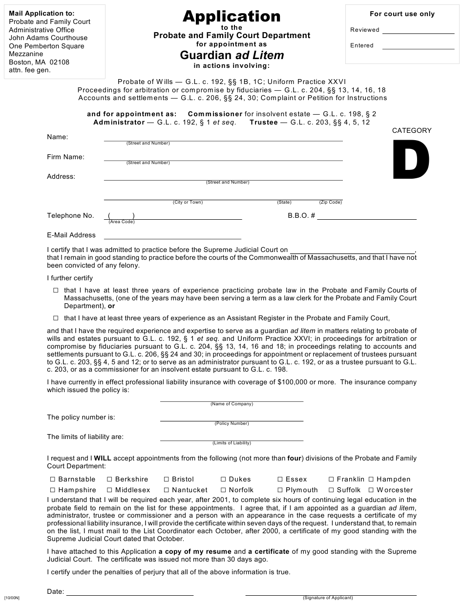 Massachusetts Application To The Probate And Family Court Department