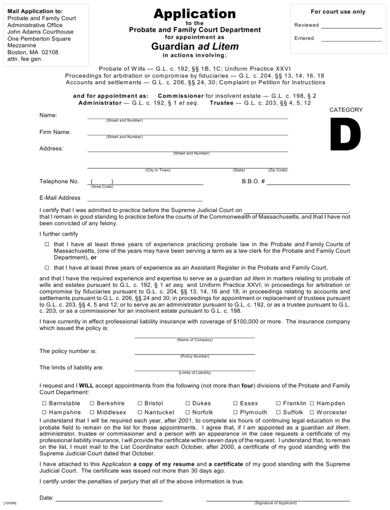 Massachusetts Application To The Probate And Family Court Department 