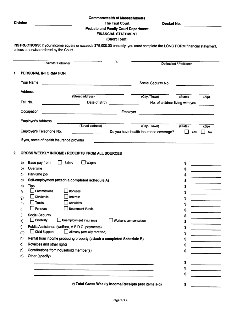 Massachusetts Financial Statement Short Form Fillable Fill Online 