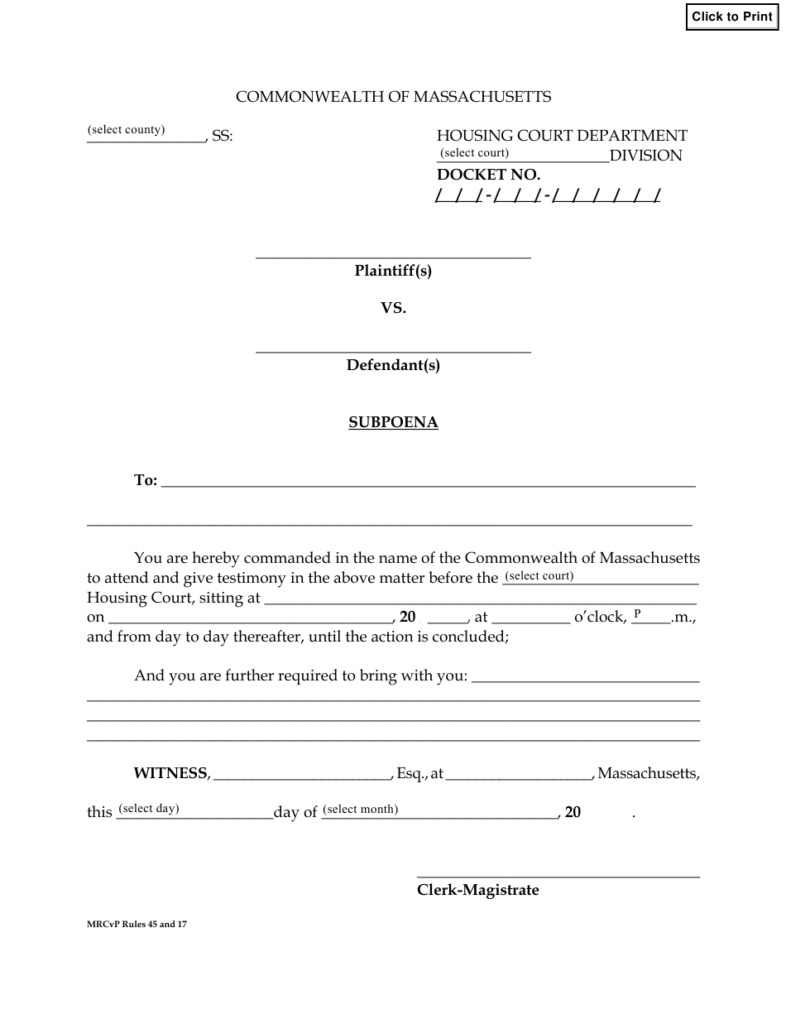 Massachusetts Subpoena Download Fillable PDF Templateroller