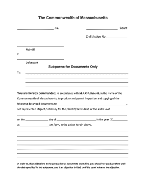 Massachusetts Subpoena Form Editable Fillable Printable Templates 