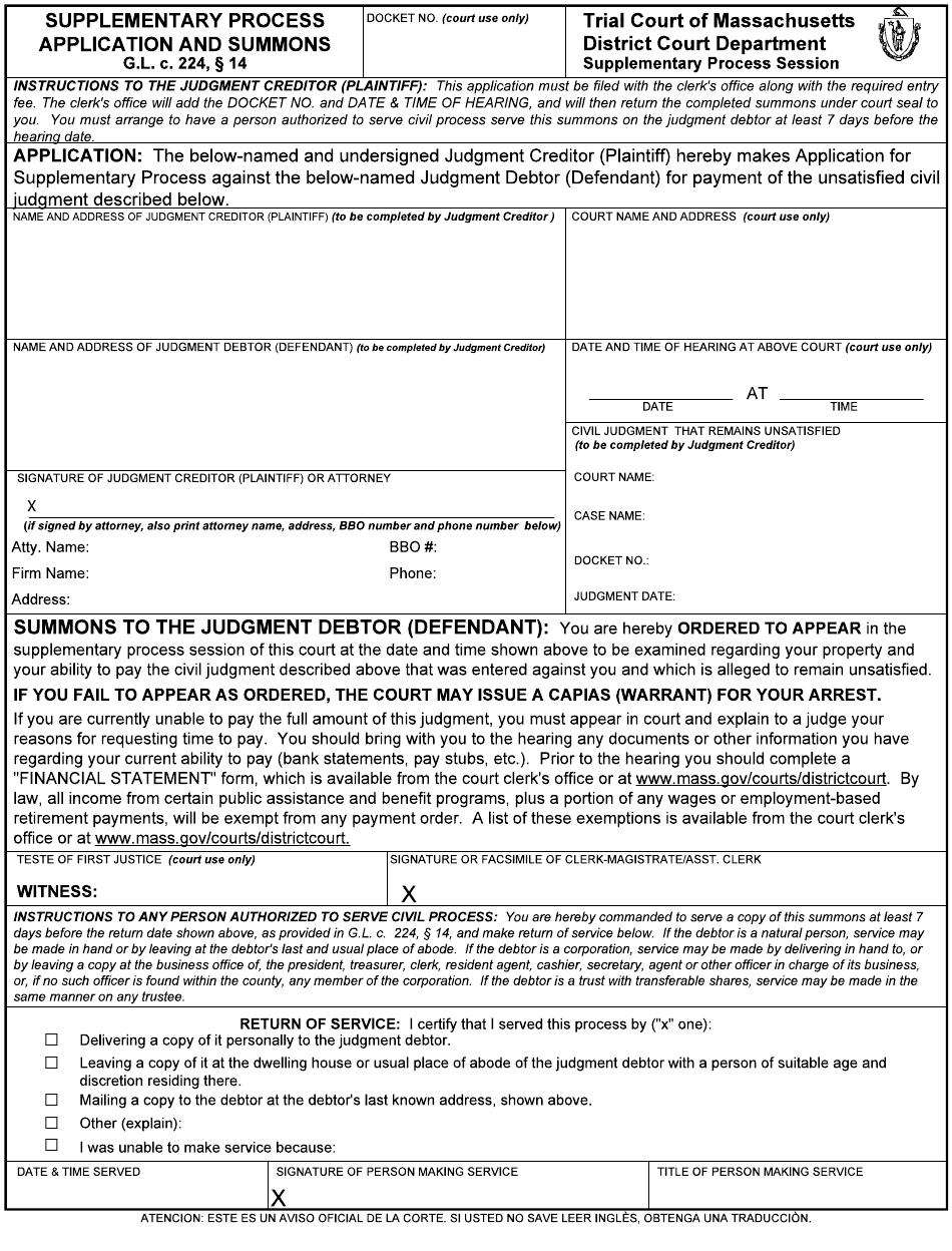 Massachusetts Supplementary Process Application And Summons Download 