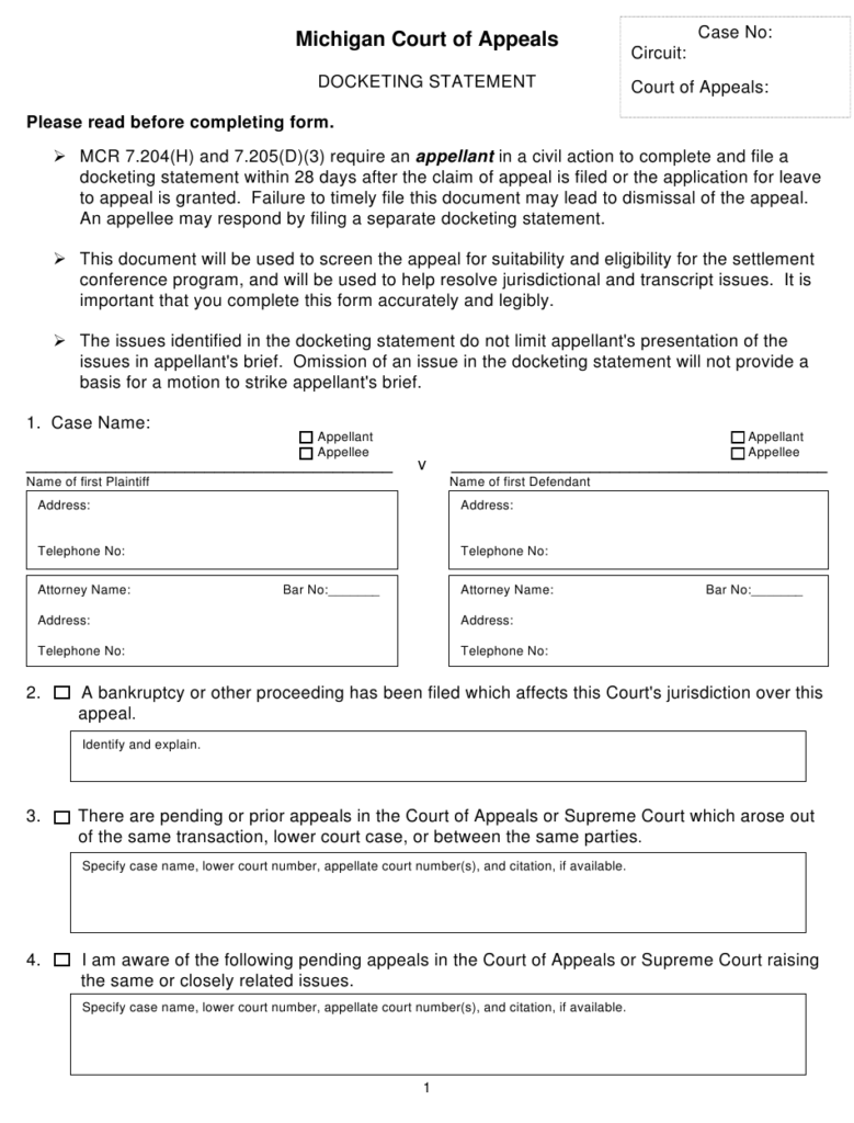 Michigan Docketing Statement Download Fillable PDF Templateroller