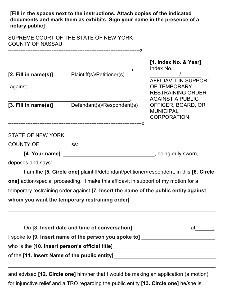 Nassau County New York Affidavit In Support Of Temporary Restraining 