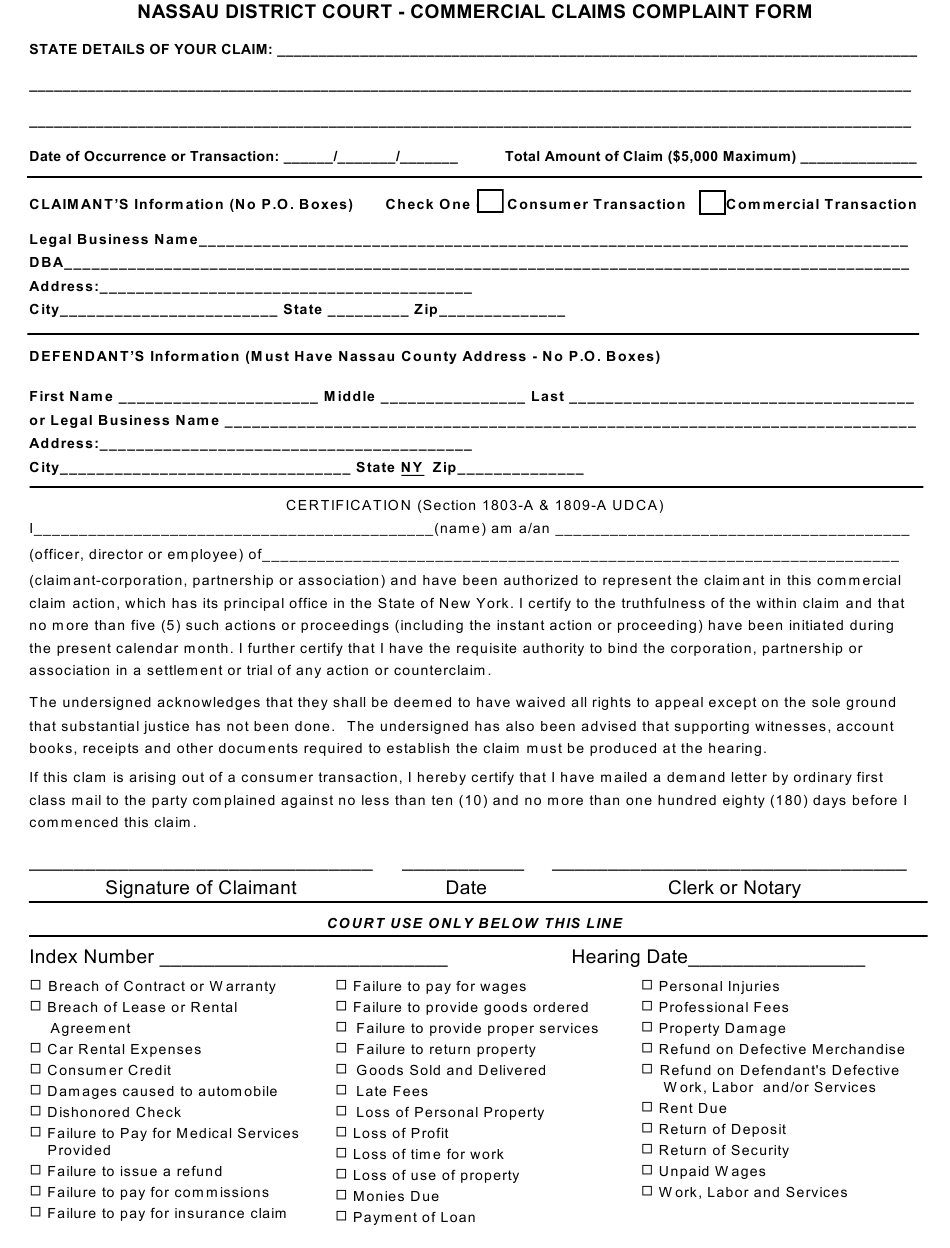 Nassau County New York Commercial Claims Complaint Form Download 