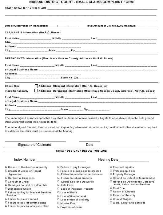 Nassau County New York Small Claims Complaint Form Download Fillable 