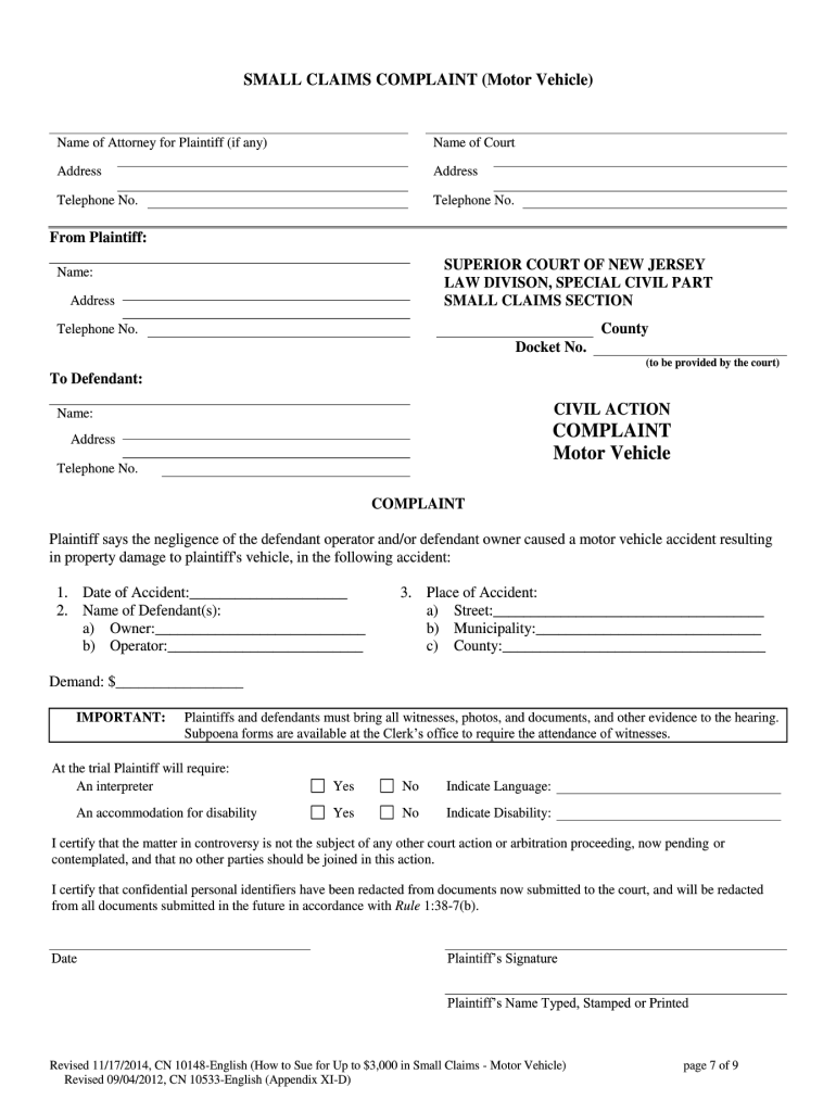 New Jersey Small Claims Complaint Form Fill Online Printable