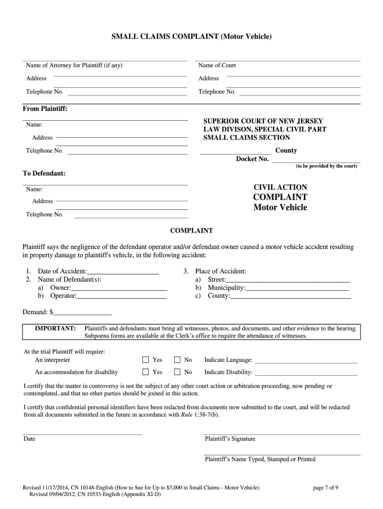 New Jersey Small Claims Complaint Form Fill Online Printable 